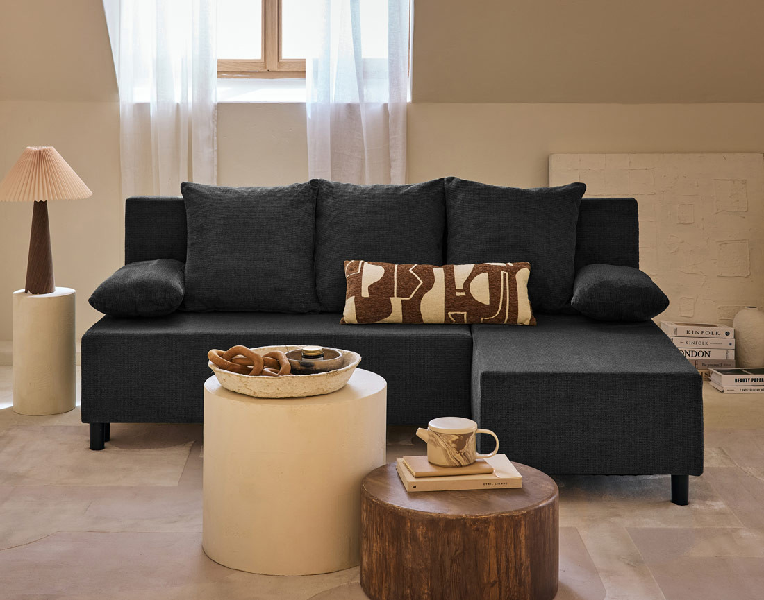 Canapé d'angle réversible 4 places convertible avec coffre en tissu texturé Gloria