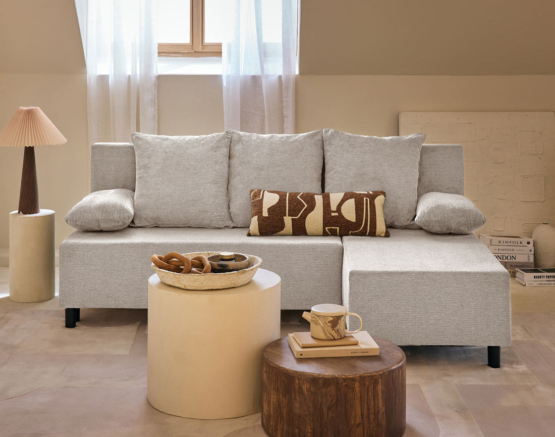 Canapé d'angle réversible 4 places convertible avec coffre en tissu texturé Gloria