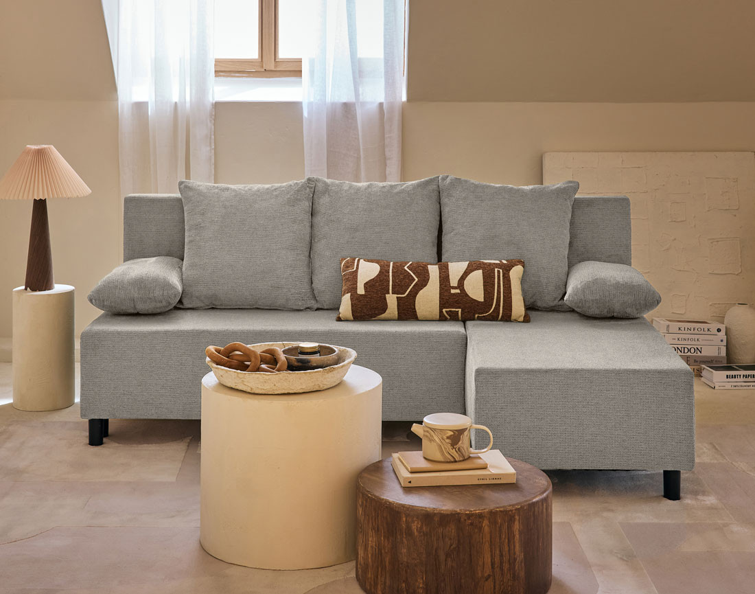 Canapé d'angle réversible 4 places convertible avec coffre en tissu texturé Gloria