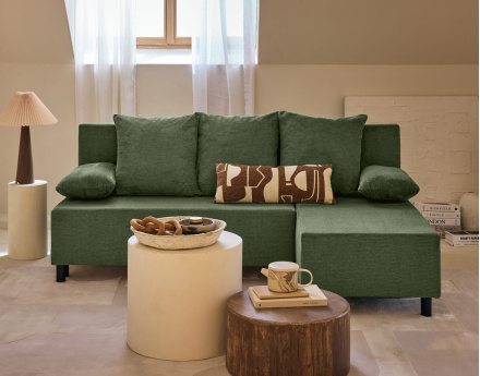 Canapé d'angle réversible 4 places convertible avec coffre en tissu texturé Gloria