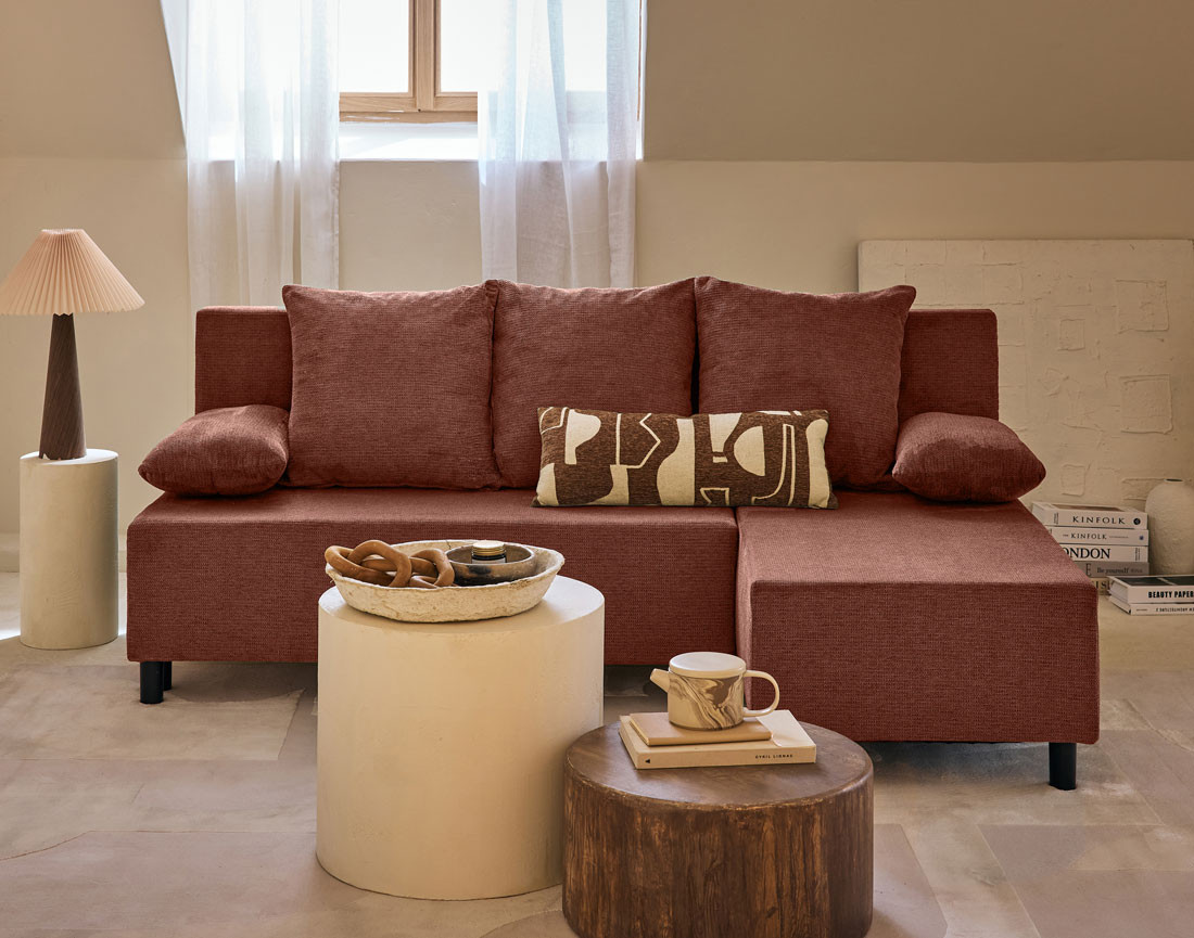 Canapé d'angle réversible 4 places convertible avec coffre en tissu texturé Gloria