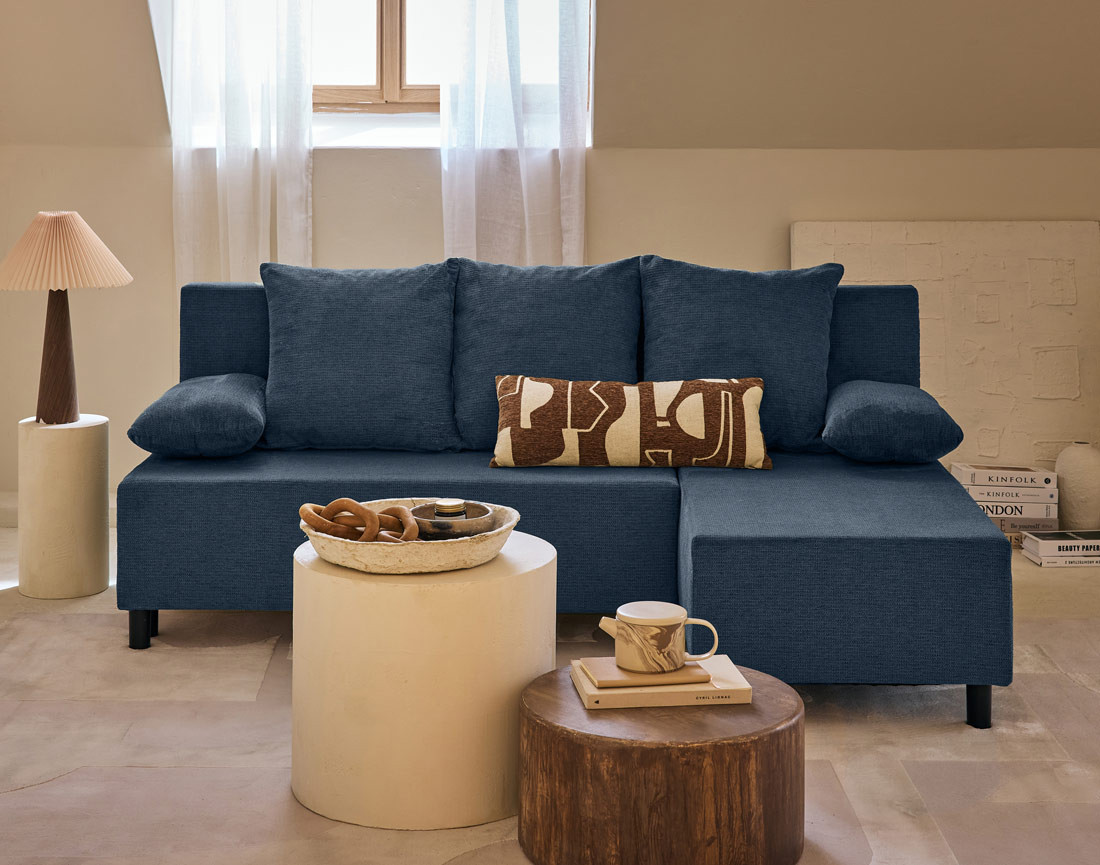 Canapé d'angle réversible 4 places convertible avec coffre en tissu texturé Gloria