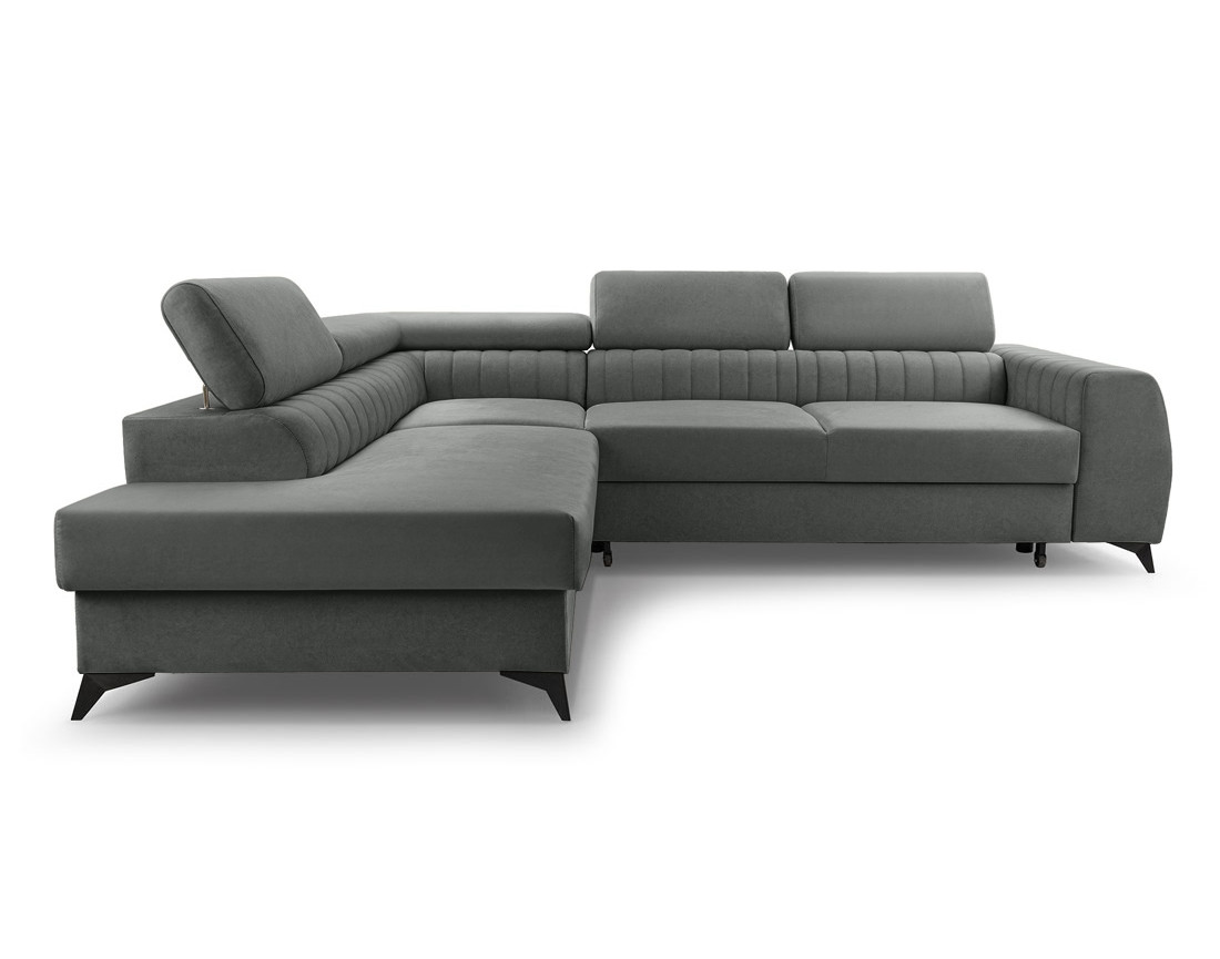 Canapé d'angle gauche 5 places convertible, coffre, têtières en velours Aneta