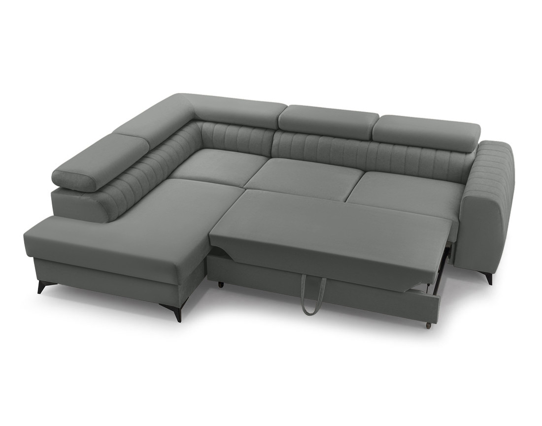 Canapé d'angle gauche 5 places convertible, coffre, têtières en velours Aneta
