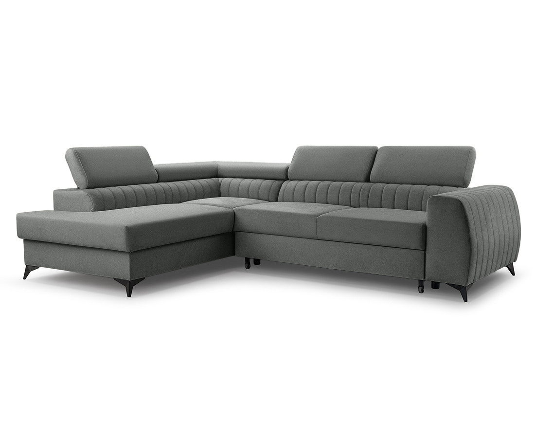 Canapé d'angle gauche 5 places convertible, coffre, têtières en velours Aneta