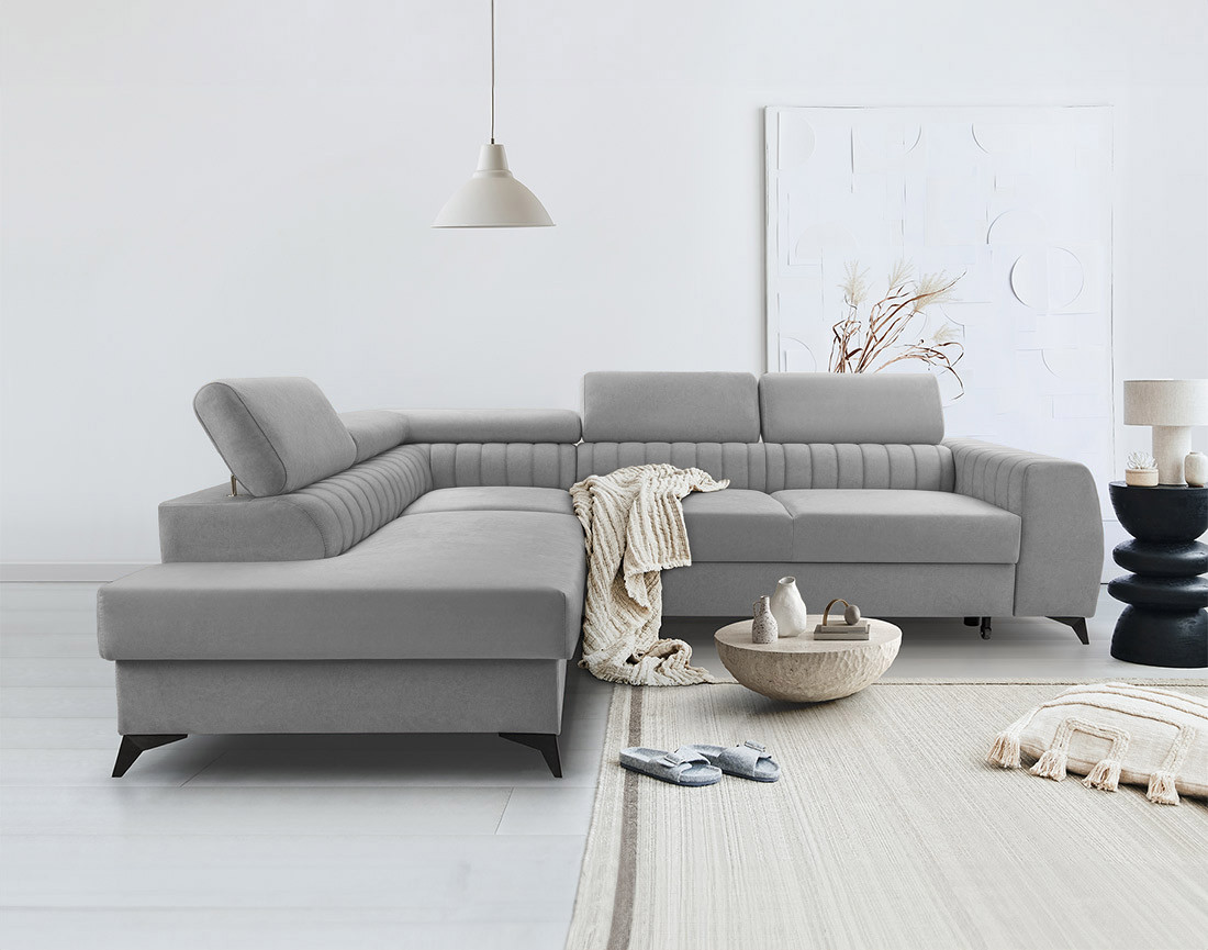 Canapé d'angle gauche 5 places convertible, coffre, têtières en velours Aneta