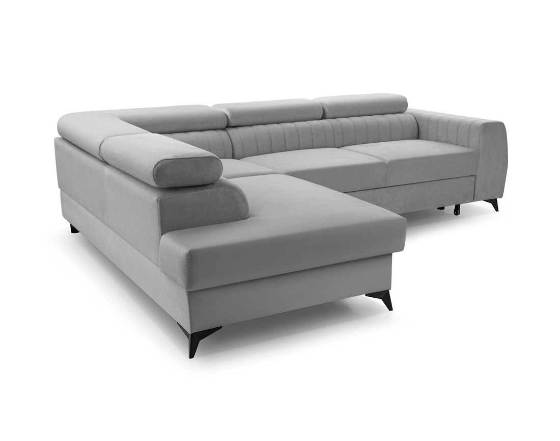 Canapé d'angle gauche 5 places convertible, coffre, têtières en velours Aneta