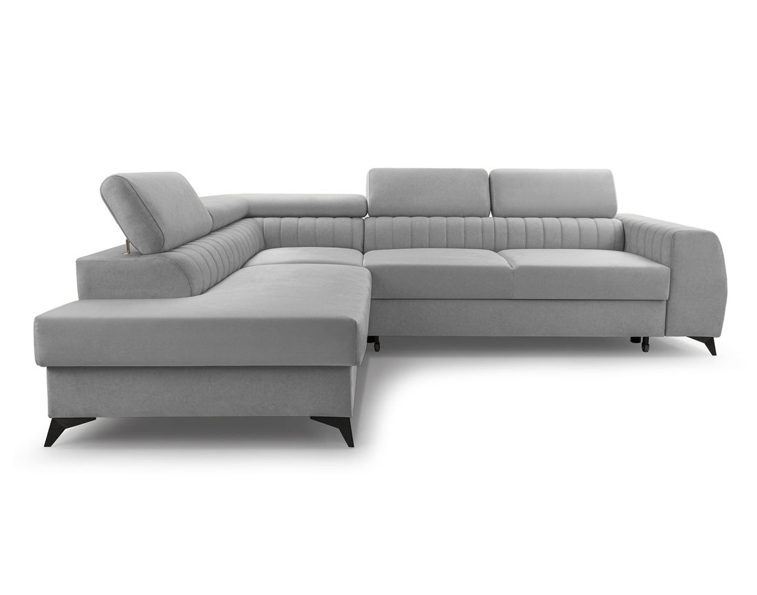 Canapé d'angle gauche 5 places convertible, coffre, têtières en velours Aneta
