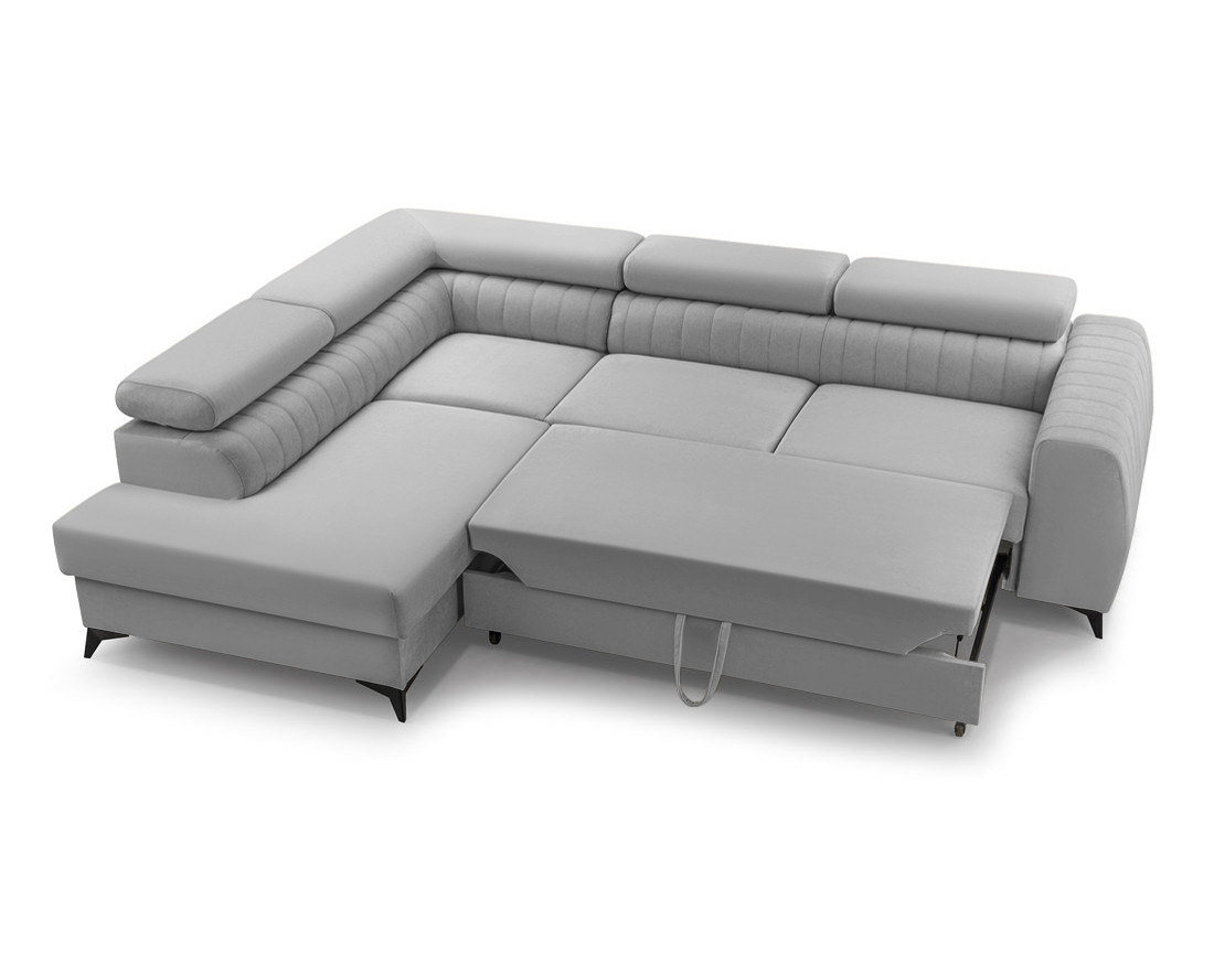 Canapé d'angle gauche 5 places convertible, coffre, têtières en velours Aneta