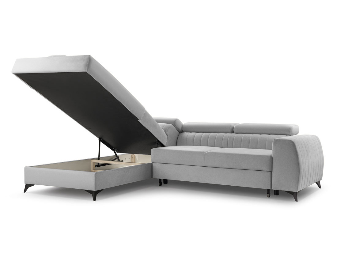 Canapé d'angle gauche 5 places convertible, coffre, têtières en velours Aneta