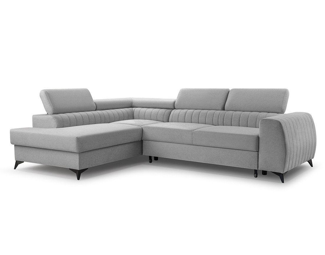 Canapé d'angle gauche 5 places convertible, coffre, têtières en velours Aneta