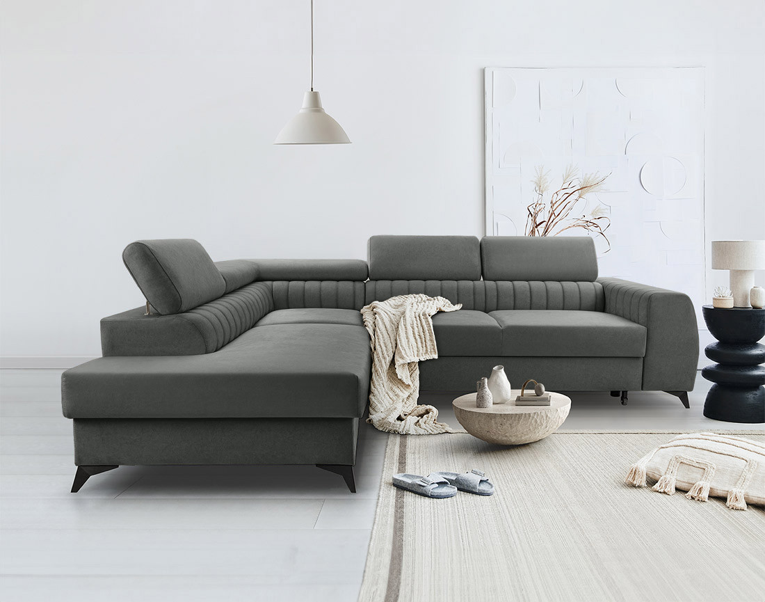 Canapé d'angle gauche 5 places convertible, coffre, têtières en velours Aneta