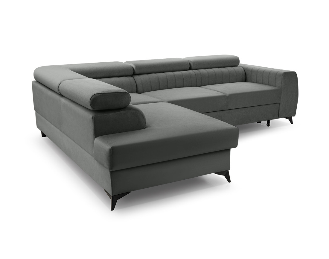 Canapé d'angle gauche 5 places convertible, coffre, têtières en velours Aneta