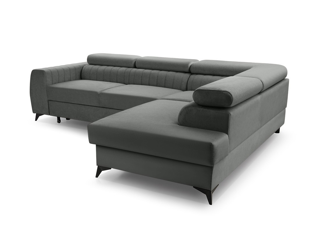 Canapé d'angle droit 5 places convertible, coffre, têtières en velours Aneta