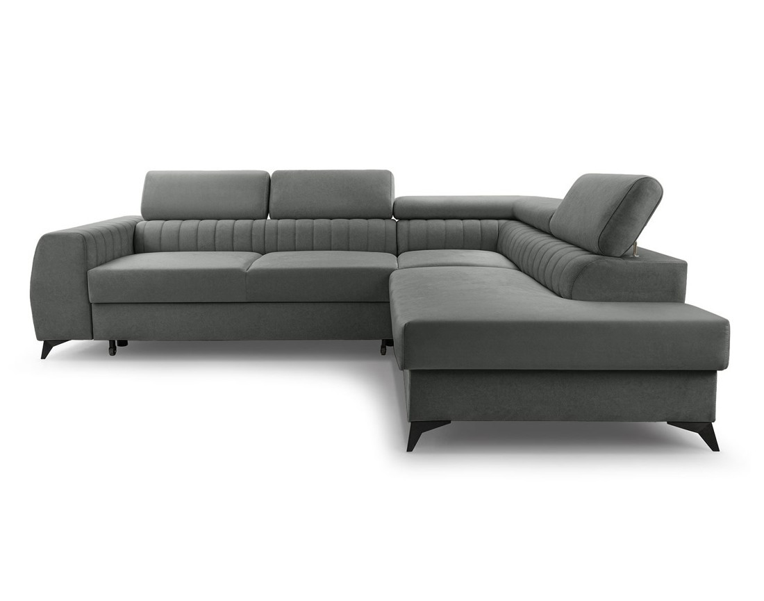Canapé d'angle droit 5 places convertible, coffre, têtières en velours Aneta
