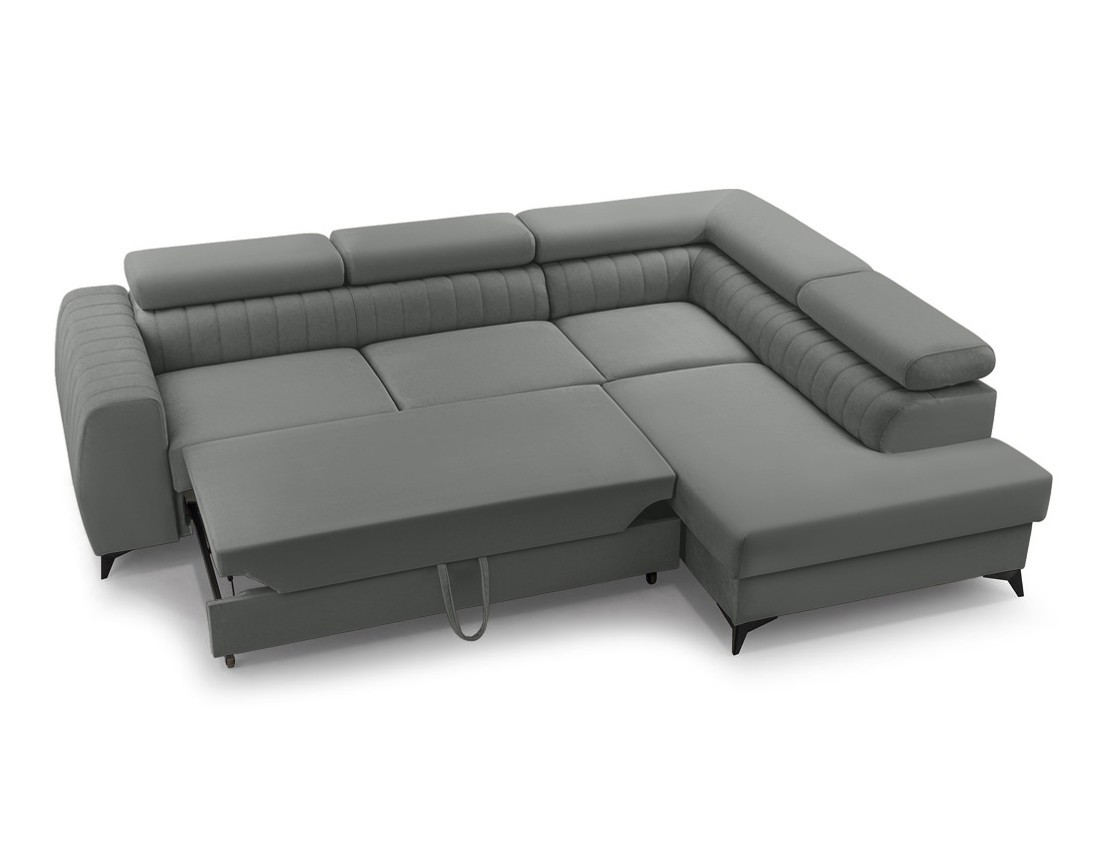 Canapé d'angle droit 5 places convertible, coffre, têtières en velours Aneta