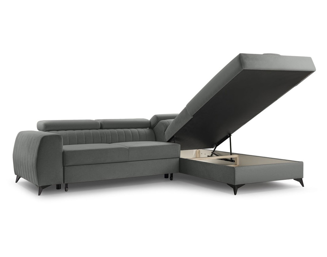 Canapé d'angle droit 5 places convertible, coffre, têtières en velours Aneta