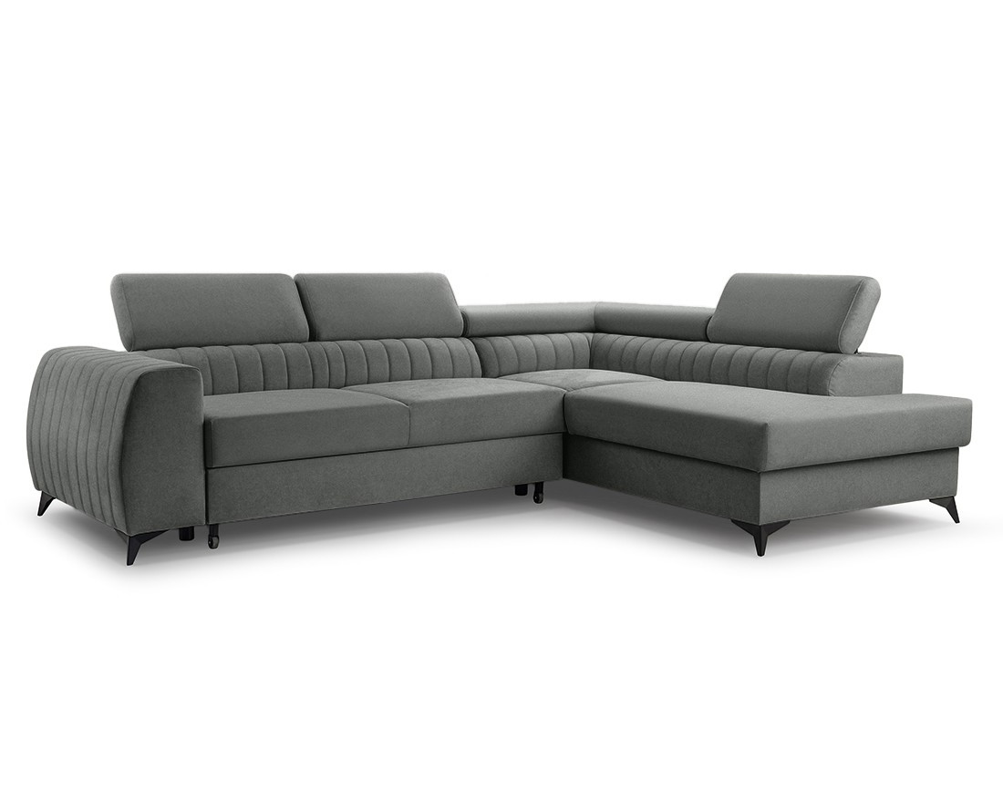Canapé d'angle droit 5 places convertible, coffre, têtières en velours Aneta