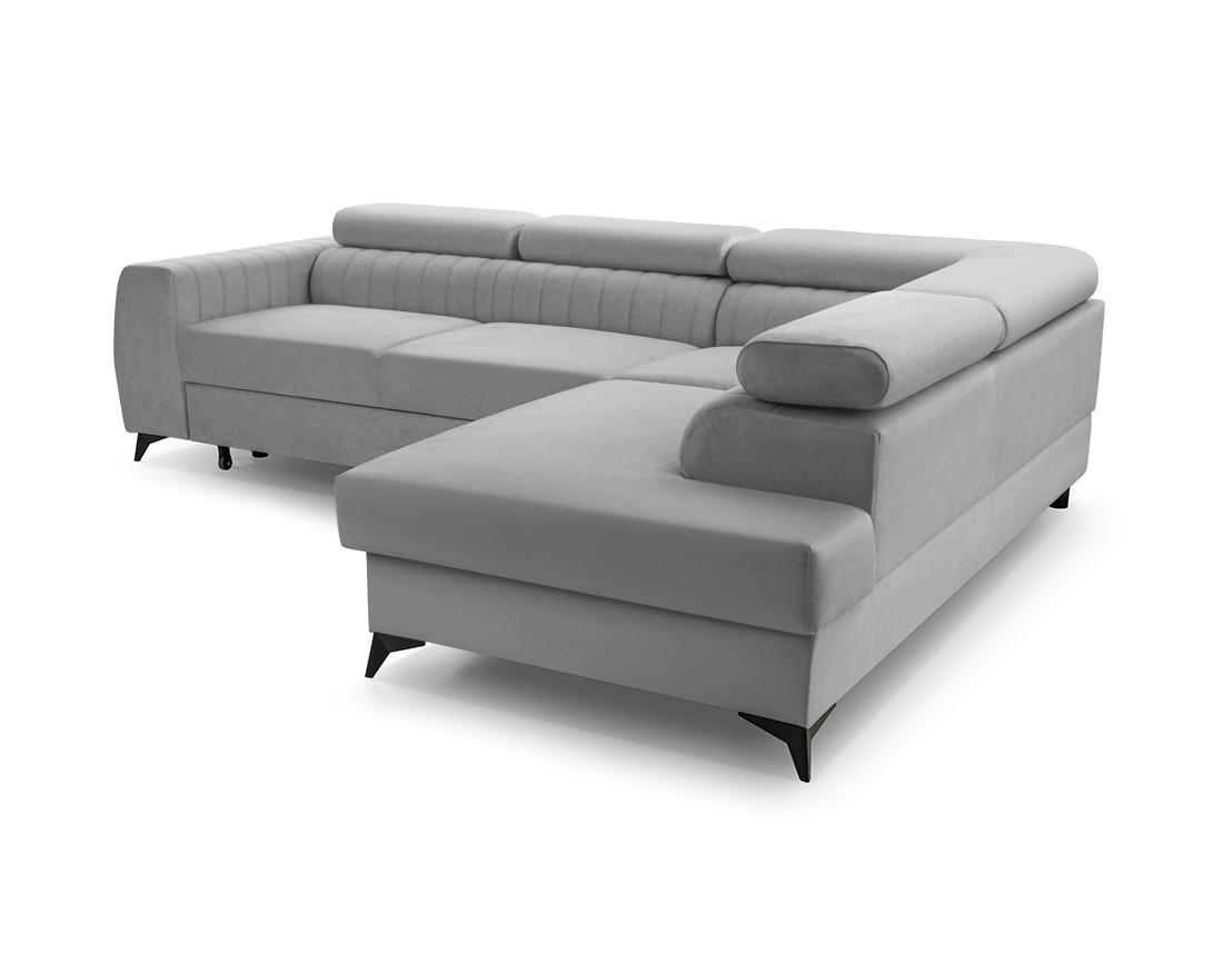 Canapé d'angle droit 5 places convertible, coffre, têtières en velours Aneta
