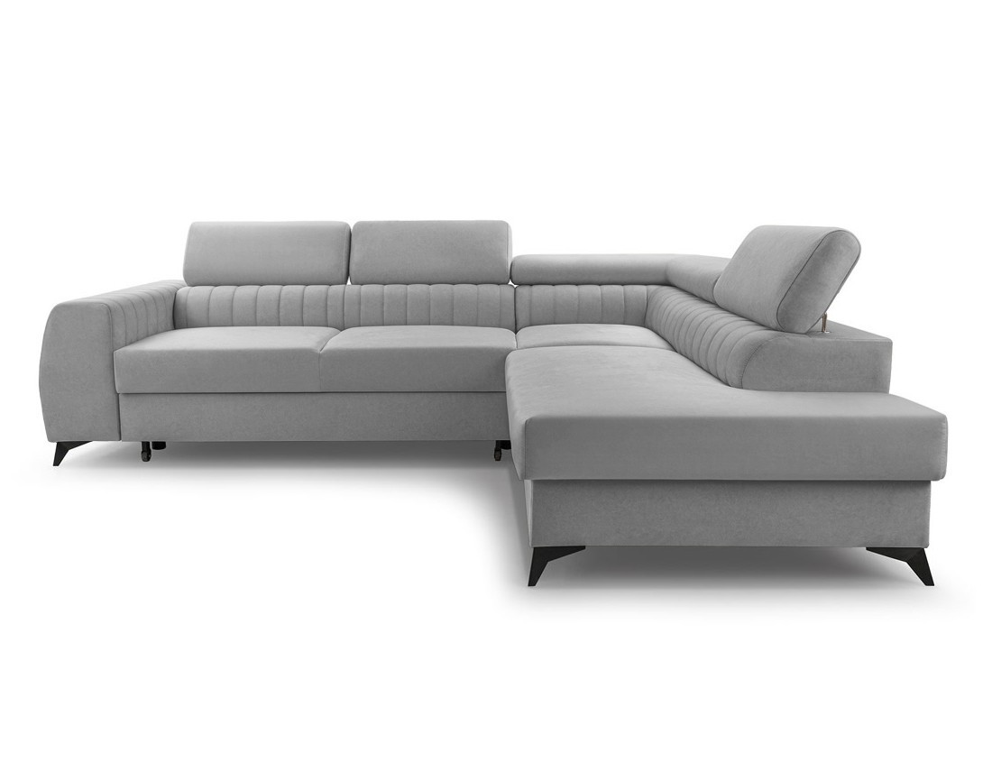 Canapé d'angle droit 5 places convertible, coffre, têtières en velours Aneta