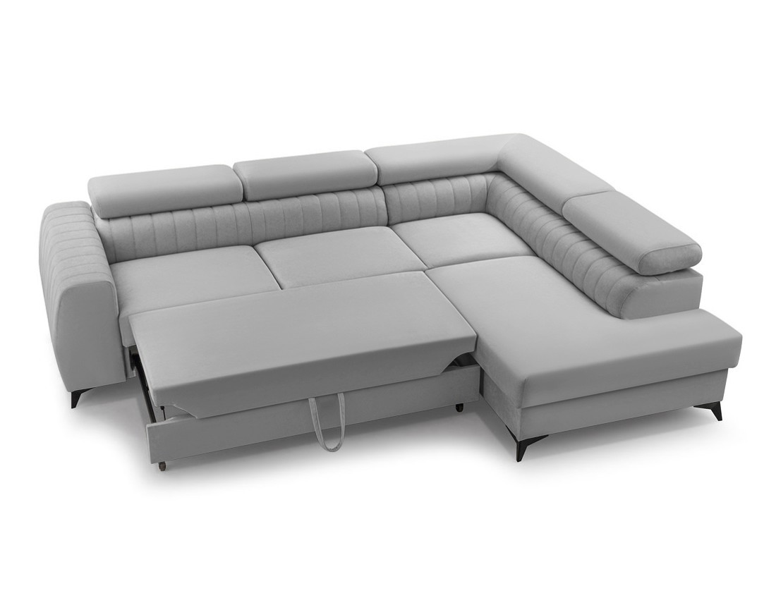 Canapé d'angle droit 5 places convertible, coffre, têtières en velours Aneta