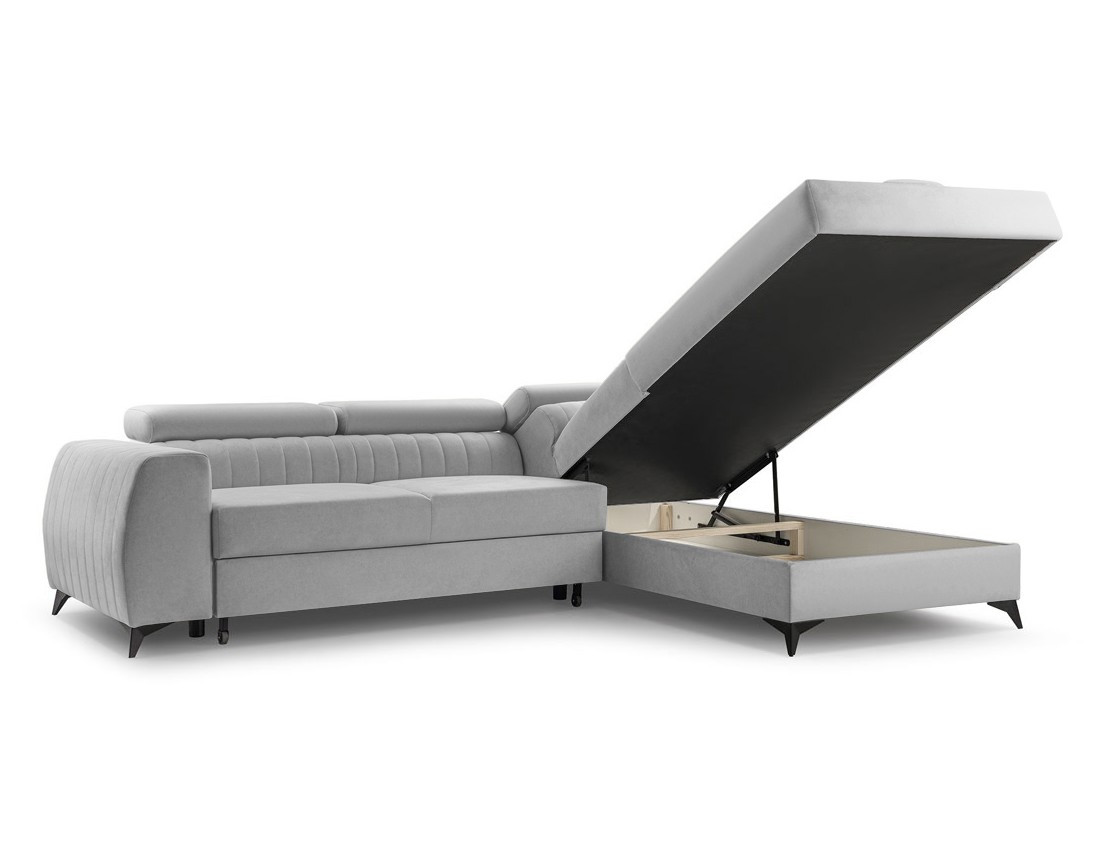 Canapé d'angle droit 5 places convertible, coffre, têtières en velours Aneta