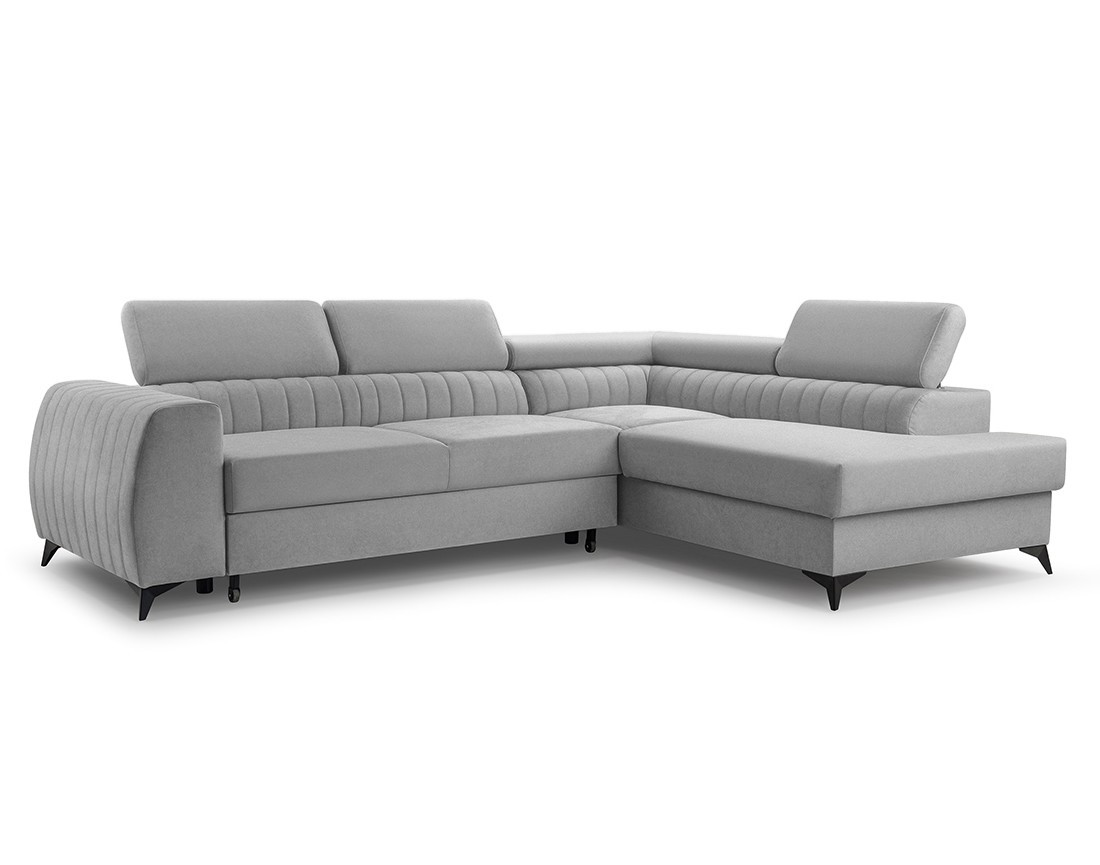 Canapé d'angle droit 5 places convertible, coffre, têtières en velours Aneta
