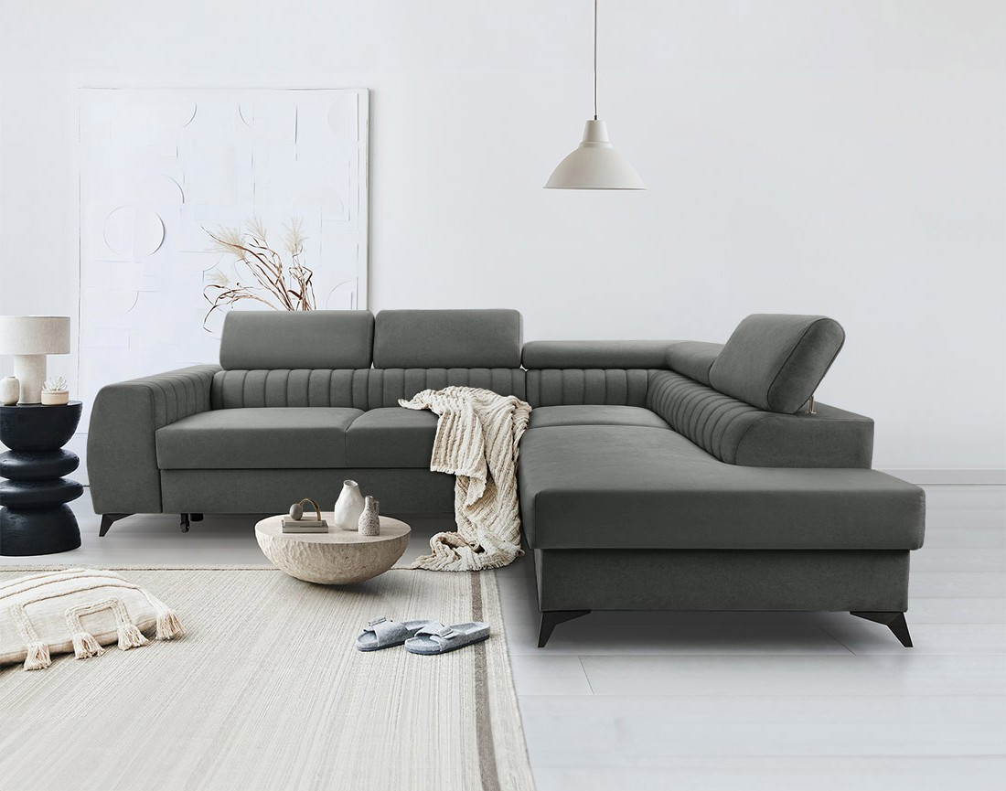 Canapé d'angle droit 5 places convertible, coffre, têtières en velours Aneta