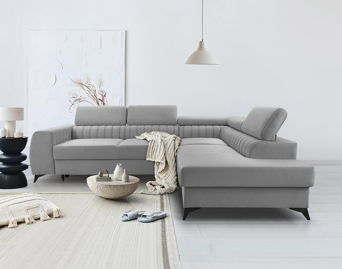 Canapé d'angle droit 5 places convertible, coffre, têtières en velours Aneta