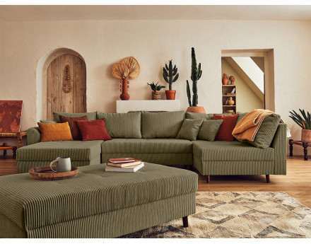 Canapé panoramique d'angle droit 7 places - avec pouf d'appoint - en velours côtelé - Rune