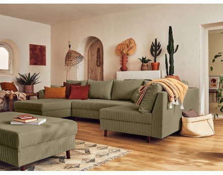 Canapé panoramique d'angle droit 7 places - avec pouf d'appoint - en velours côtelé - Rune