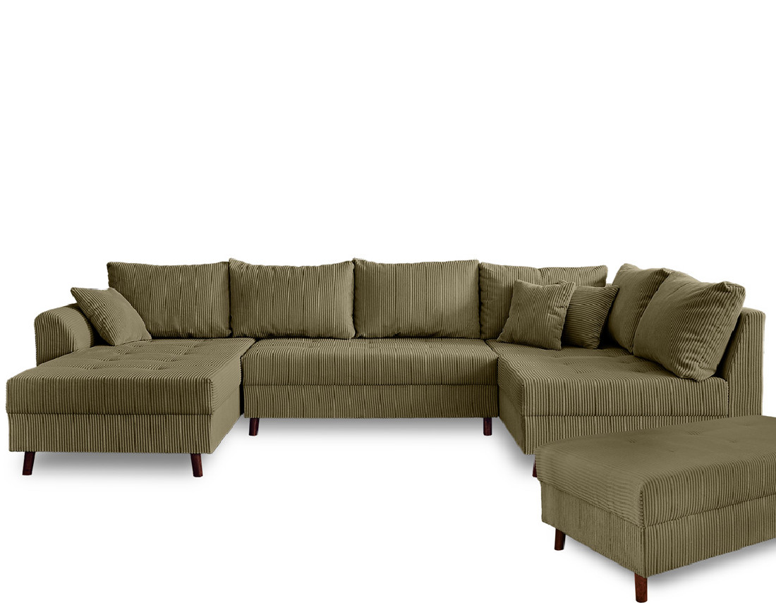 Canapé panoramique d'angle droit 7 places - avec pouf d'appoint - en velours côtelé - Rune