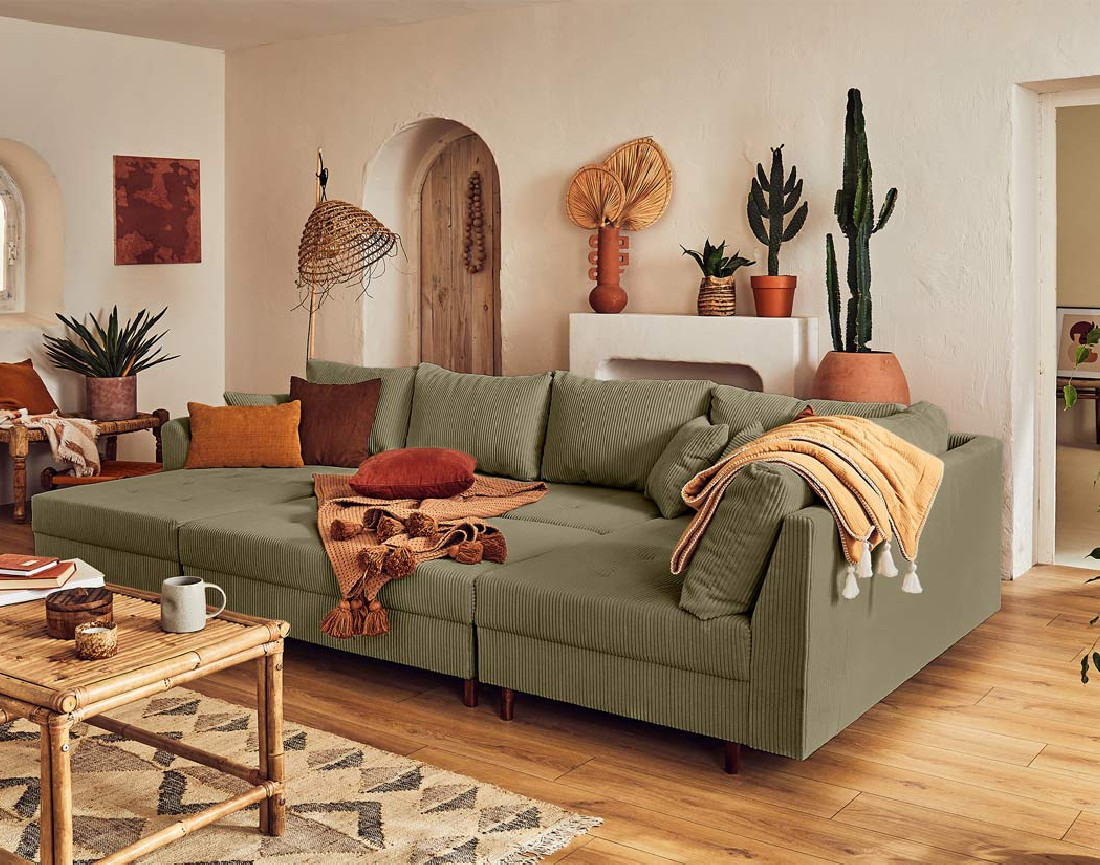 Canapé panoramique d'angle droit 7 places - avec pouf d'appoint - en velours côtelé - Rune