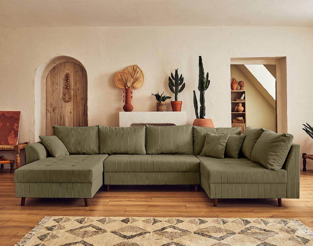 Canapé panoramique d'angle droit 7 places - avec pouf d'appoint - en velours côtelé - Rune