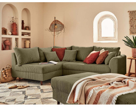 Canapé d'angle gauche - 4 places - avec pouf d'appoint - en velours côtelé - Rune