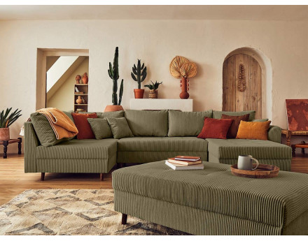 Canapé panoramique d'angle gauche 7 places avec pouf d'appoint - en velours côtelé - Rune