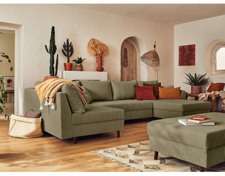 Canapé panoramique d'angle gauche 7 places avec pouf d'appoint - en velours côtelé - Rune