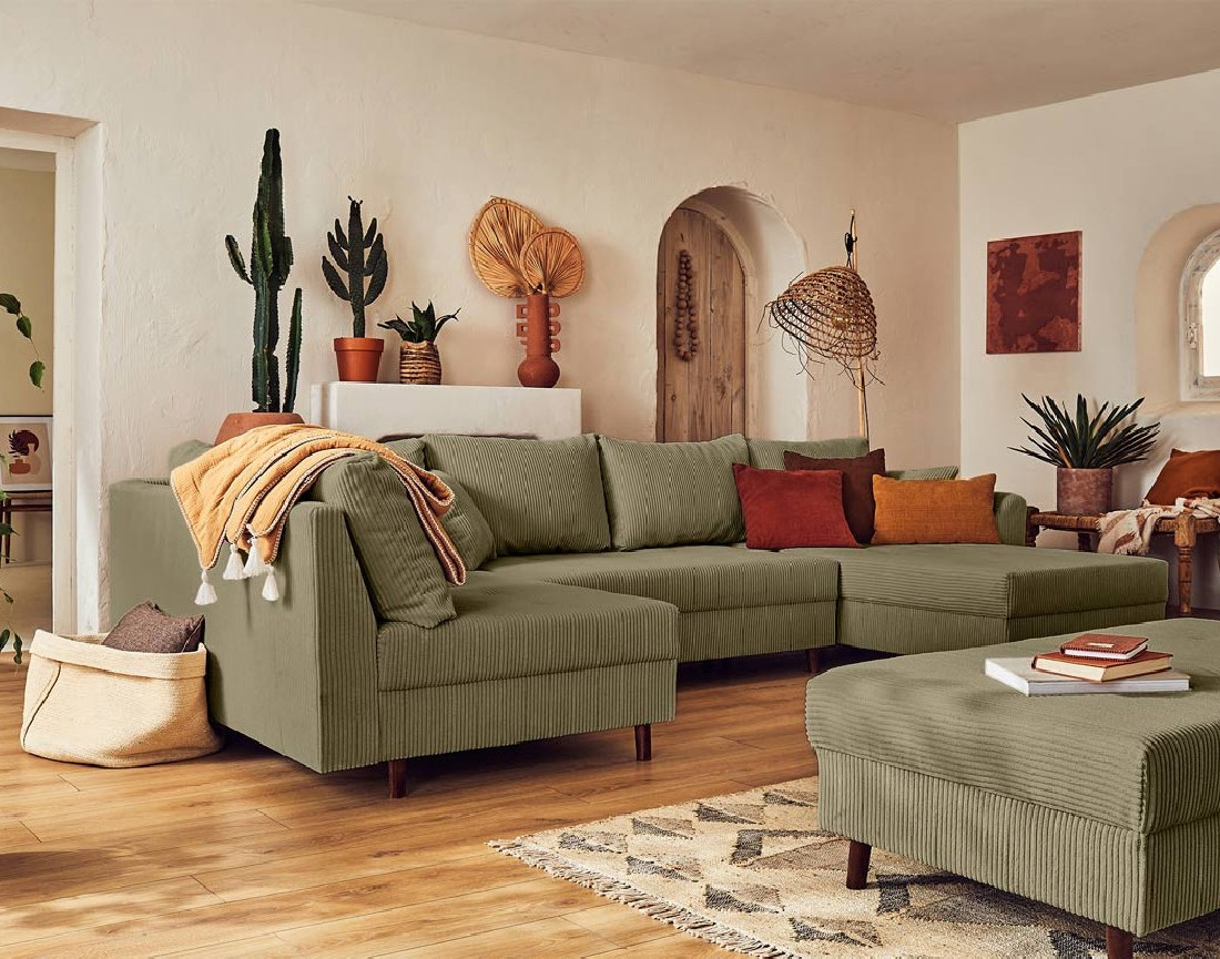 Canapé panoramique d'angle gauche 7 places avec pouf d'appoint - en velours côtelé - Rune