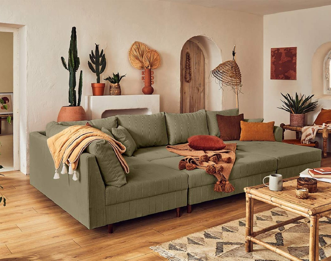 Canapé panoramique d'angle gauche 7 places avec pouf d'appoint - en velours côtelé - Rune