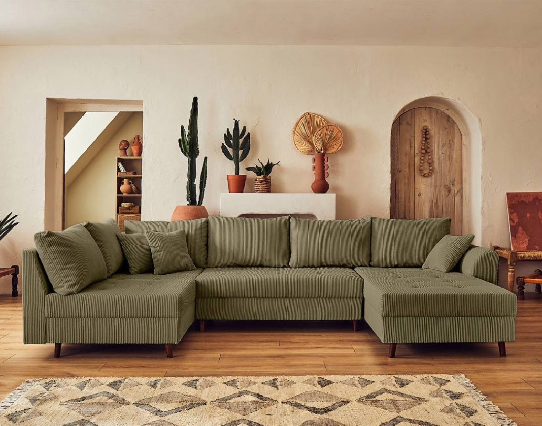 Canapé panoramique d'angle gauche 7 places avec pouf d'appoint - en velours côtelé - Rune