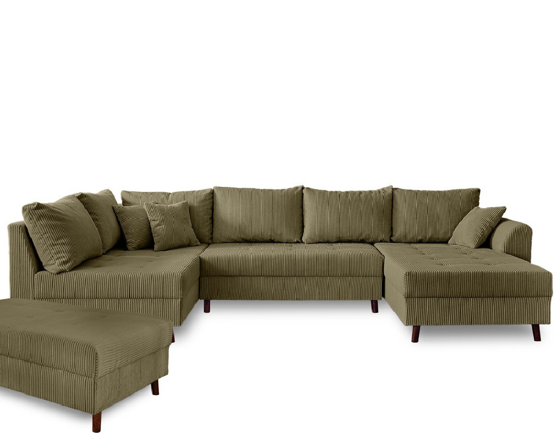 Canapé panoramique d'angle gauche 7 places avec pouf d'appoint - en velours côtelé - Rune