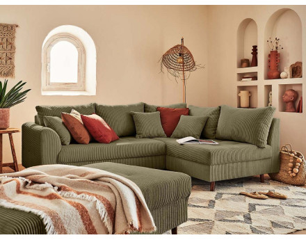 Canapé d'angle droit - 4 places - avec pouf d'appoint - en velours côtelé - Rune
