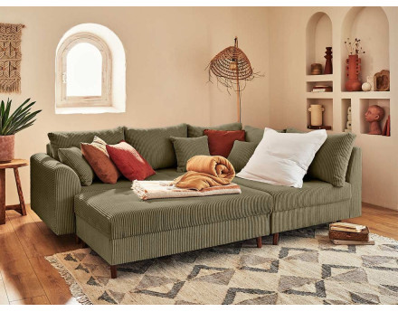 Canapé d'angle droit - 4 places - avec pouf d'appoint - en velours côtelé - Rune