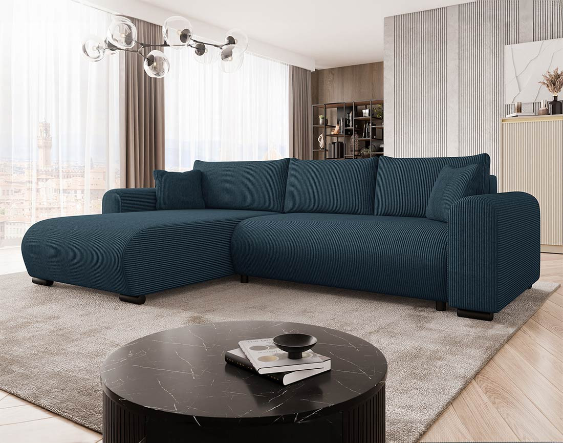 Canapé d'angle réversible 4 places convertible avec coffre en velours côtelé Rosalie