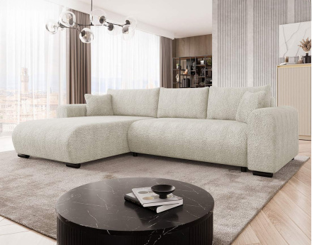 Canapé d'angle réversible 4 places convertible avec coffre en tissu bouclette Rosalie