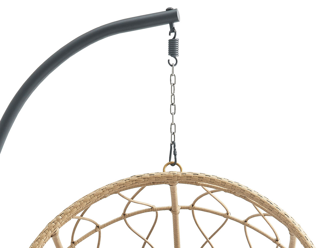 Fauteuil suspendu 1 place résine tressée beige et coussins gris Copacabana