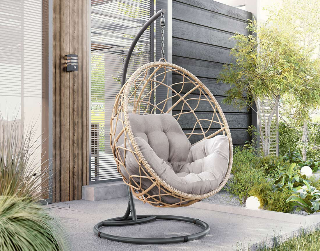 Fauteuil suspendu 1 place résine tressée beige et coussins gris Copacabana