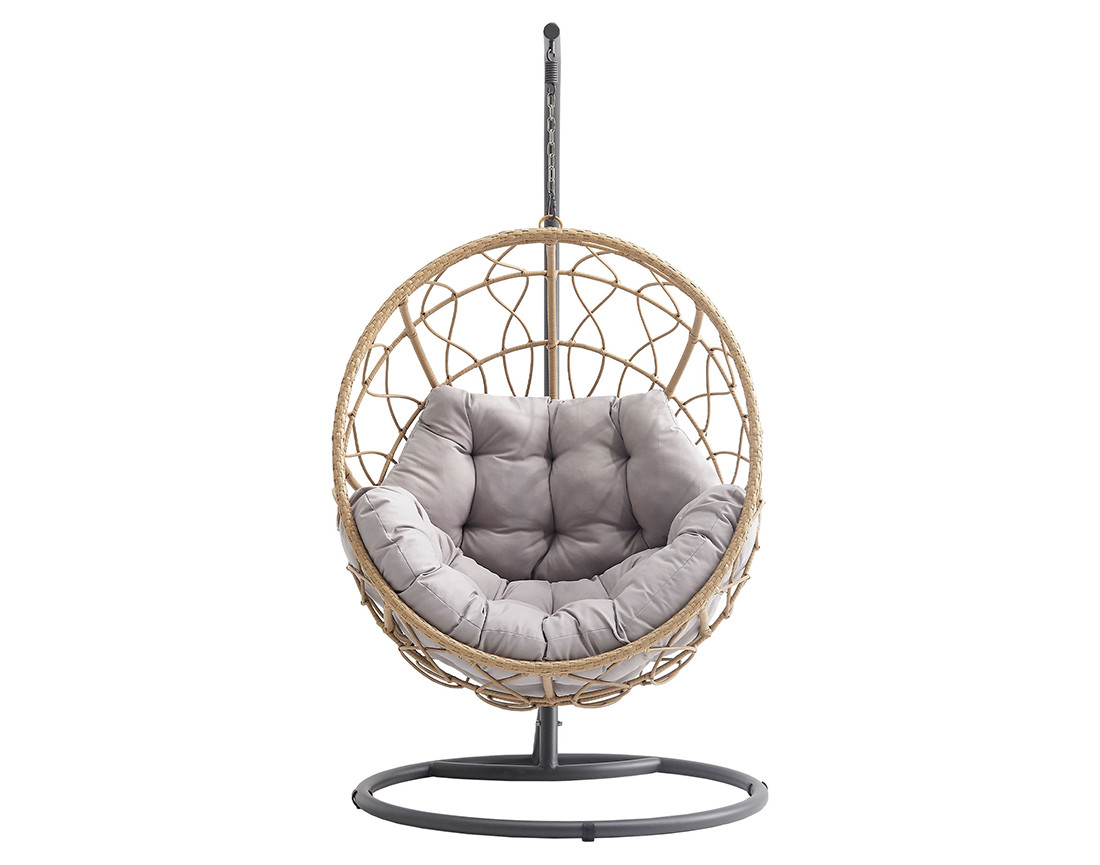 Fauteuil suspendu 1 place résine tressée beige et coussins gris Copacabana