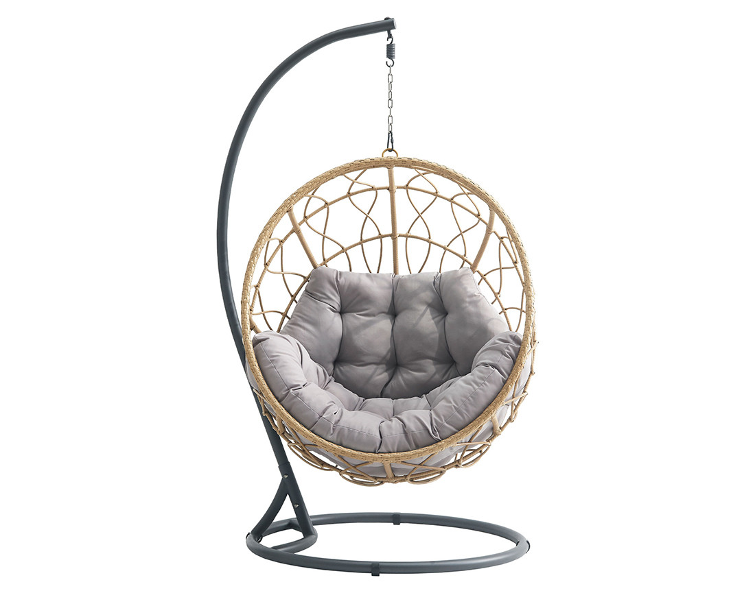 Fauteuil suspendu 1 place résine tressée beige et coussins gris Copacabana