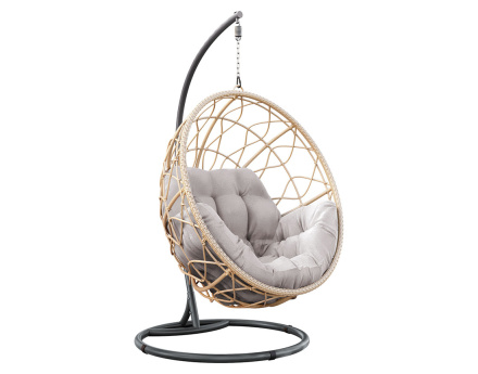 Fauteuil suspendu 1 place résine tressée beige et coussins gris Copacabana